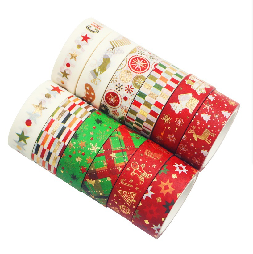 12-Roll Christmas Washi Tape Set - 15mm Gold Foil & Metallic Adhesive Tapes for Holiday Crafts, Scrapbooking & Gift Wrapping